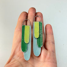 Load image into Gallery viewer, Paint Pour Spring Green, Pale Sky &amp; Grass Green Tin Earrings