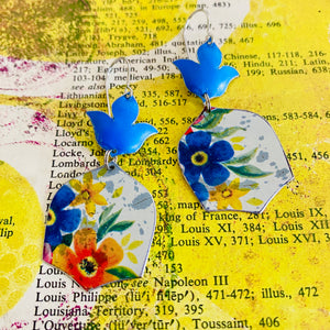 Bright Blue Flowers Drop Tin Earrings