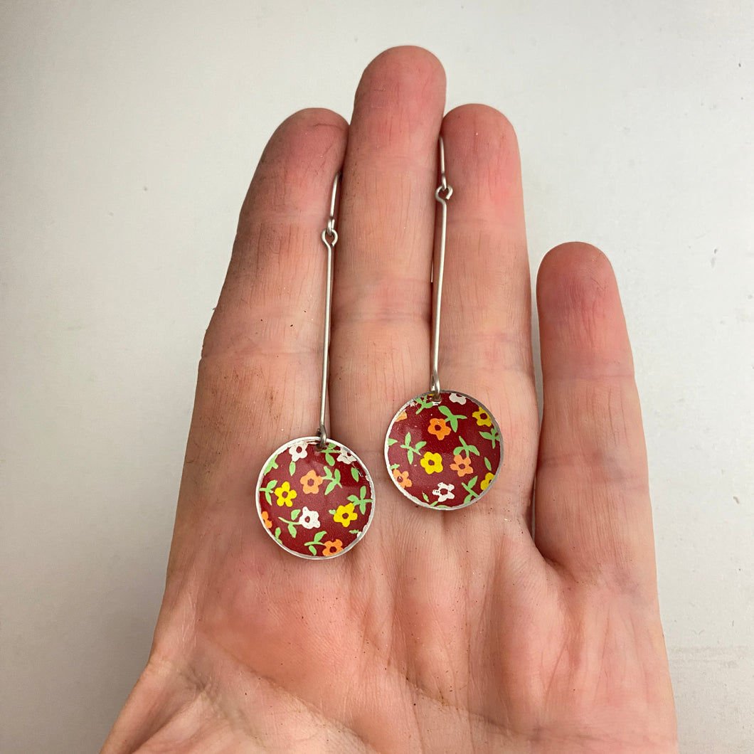 Tiny Flowers on Madder Long Basin Tin Earrings