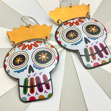 Load image into Gallery viewer, Square Jawed &amp; Gold Sugar Skulls Tin Earrings
