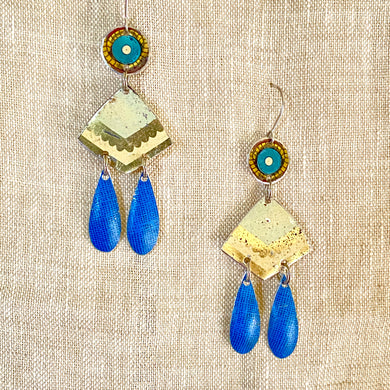 Pale & Bright Blue Tin Chandelier Earrings