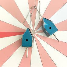 Load image into Gallery viewer, Matte Sky Tiny Tin Birdhouse Earrings