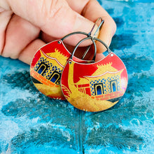 Load image into Gallery viewer, Japanese Home on Scarlet Upcycled Tin Earrings