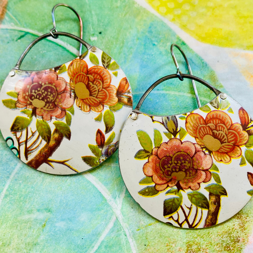Peachy Peonies Upcycled Tin Circle Earrings