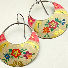 Load image into Gallery viewer, Vintage Flowers Crescent Circles Tin Earrings