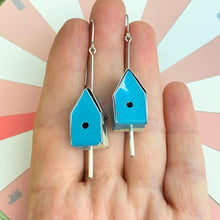 Load image into Gallery viewer, Matte Sky Tiny Tin Birdhouse Earrings