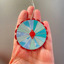 Load image into Gallery viewer, Aqua &amp; Scarlet Rave Mandala Tin Necklace or Brooch