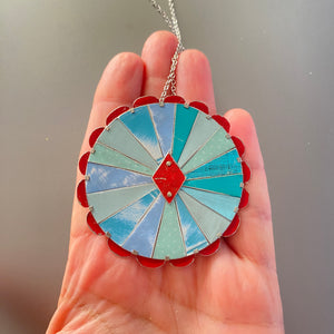 Aqua & Scarlet Rave Mandala Tin Necklace or Brooch