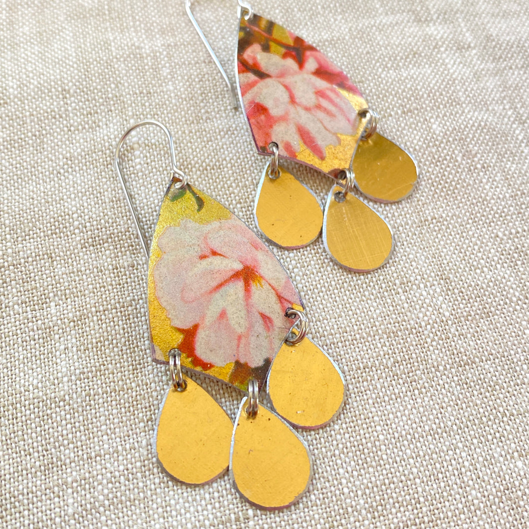 Pink Peonies & Gold Tin Chandelier Earrings