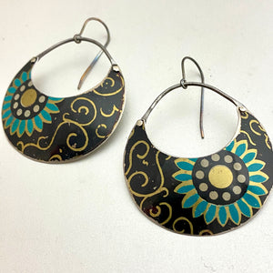 Vintage Stylized Blue Flower Crescent Circles Tin Earrings