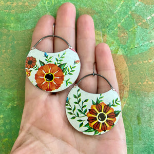 Fancy Red Flowers Circles Upcycled Tin Earrings