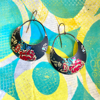 Bright Red Blossoms Crescent Circle Tin Earrings