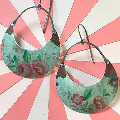 Vintage Roses Crescent Circles Tin Earrings