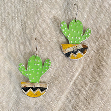 Load image into Gallery viewer, Li’l Potted Bright Green Cactus Upcycled Tin Earrings