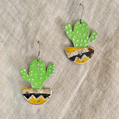 Li’l Potted Bright Green Cactus Upcycled Tin Earrings