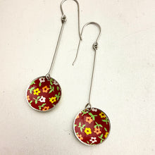 Load image into Gallery viewer, Tiny Flowers on Madder Long Basin Tin Earrings