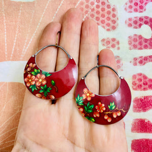 Pink Blossoms on Burgundy Crescent Circles Tin Earrings