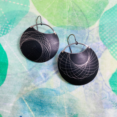 RESERVED Matte Midnight Spirograph Circle Tin Earrings