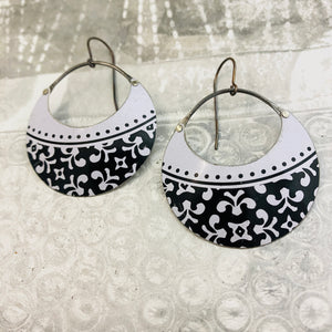 Black & White Tiny Flowers Crescent Circles Tin Earrings