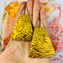 Load image into Gallery viewer, Golden Embossed Upcycled Tin Long Fans Earrings