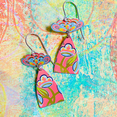 Vintage Pink Folk Flowers Drop Tin Earrings