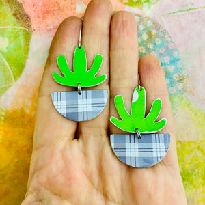 Succulents in Gray Plaid Pots Tin Earrings