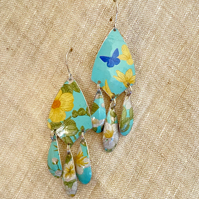 Tiny Blue Butterfly Tin Chandelier Earrings