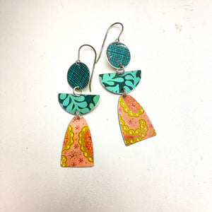 Turquoise & Coral Patterned Angels Tin Earrings