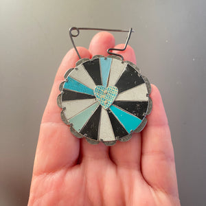 Turquoise Love Mandala Tin Necklace or Brooch