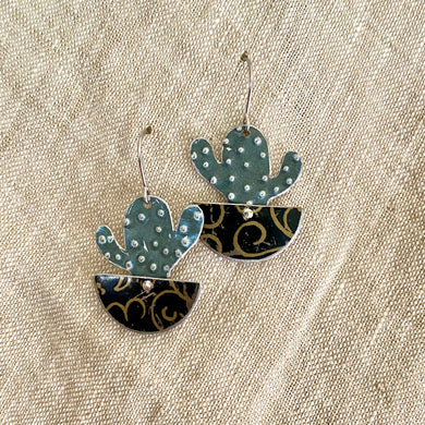 Tiny Black Potted Cactus Tin Earrings
