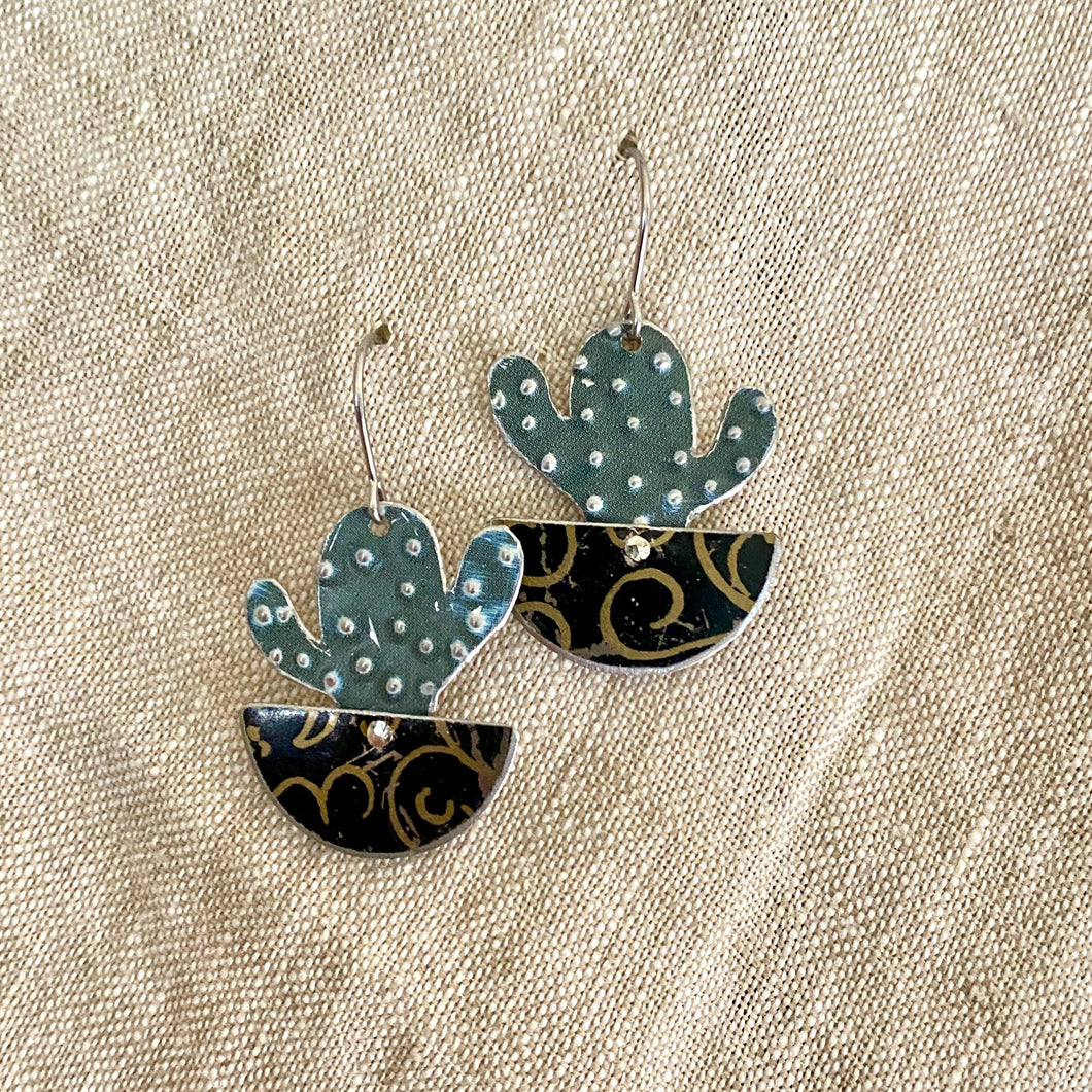 Tiny Black Potted Cactus Tin Earrings