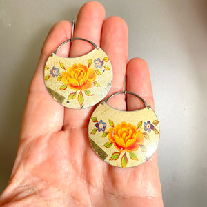 Vintage Yellow Rose Circle Tin Earrings