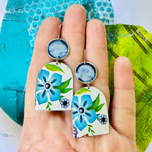 Load image into Gallery viewer, Bright Blue Flowers Wide Arch Upcycled Tin Earrings
