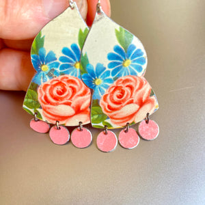 Pink Rose Temple Drop Tin Earrings