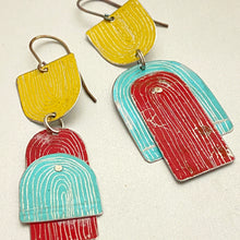 Load image into Gallery viewer, Etched Arch Aqua, Goldenrod, Raspberry Tin Earrings