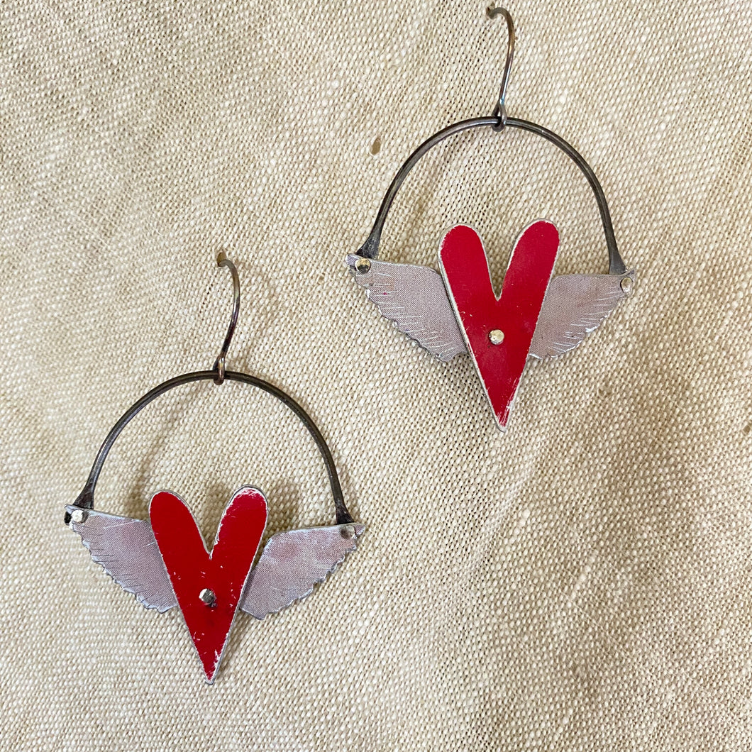 Winged Hearts Tin Earrings