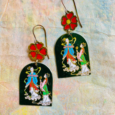 Japanese Women & Red Blossoms Tin Earrings