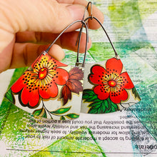 Load image into Gallery viewer, Bright Red Blossoms Tin Big Wide Fan Earrings