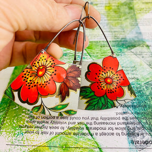 Bright Red Blossoms Tin Big Wide Fan Earrings