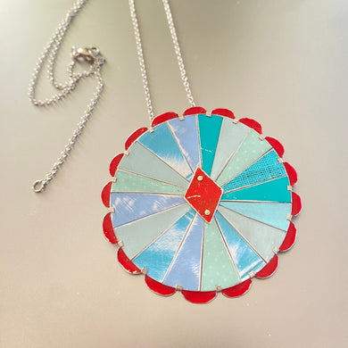 Aqua & Scarlet Rave Mandala Tin Necklace or Brooch