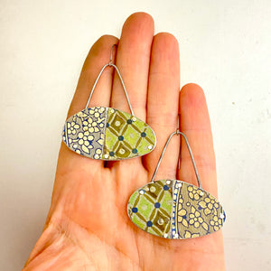Vintage Flower & Harlequin Patchwork Oval Tin Earrings