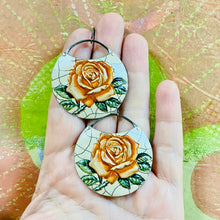 Load image into Gallery viewer, Peach Roses Circles Upcycled Tin Earrings