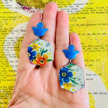 Load image into Gallery viewer, Bright Blue Flowers Drop Tin Earrings