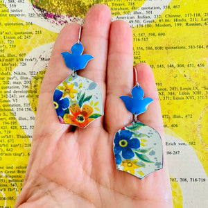 Bright Blue Flowers Drop Tin Earrings