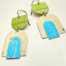 Load image into Gallery viewer, Etched Arch Apple, Sky &amp; Cream Tin Earrings