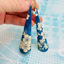 Load image into Gallery viewer, Blue Jean Plum Blossoms Long Drop Tin Earrings