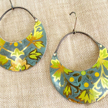 Load image into Gallery viewer, Vintage Green Leaves Crescent Circles Tin Earrings