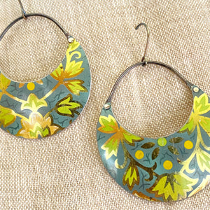 Vintage Green Leaves Crescent Circles Tin Earrings