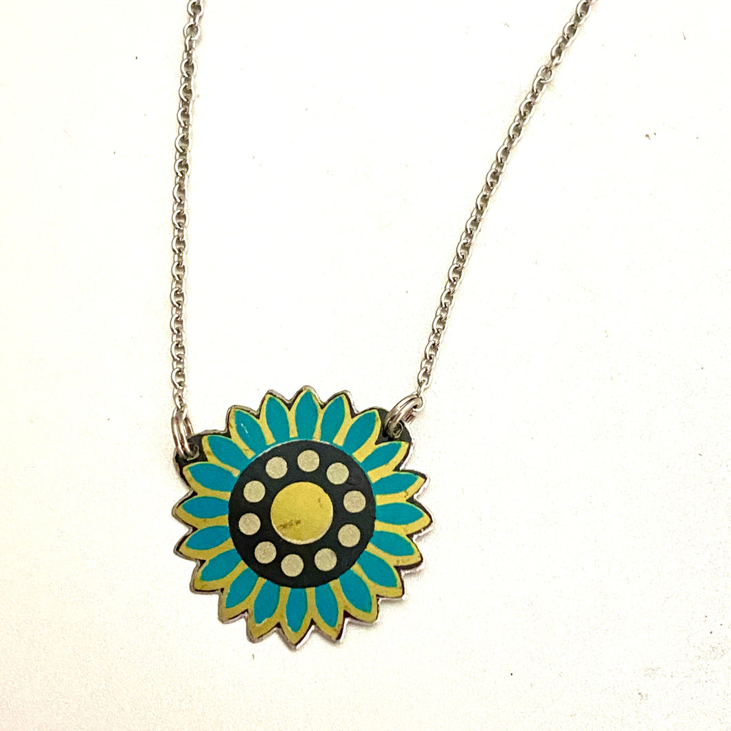 Little Teal Blue Flower Upcycled Tin Necklace