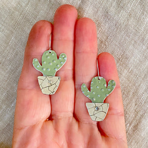 Tiny Crackle Potted Cactus Tin Earrings